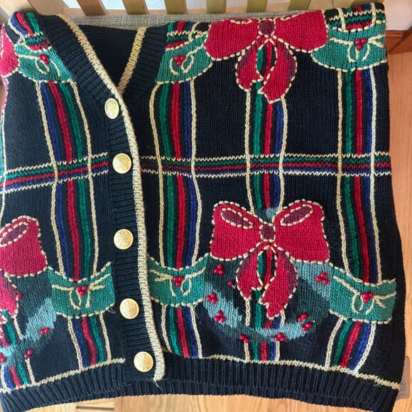 VTG 80s Norton McNaughton Ugly Christmas Cardigan Sweater Plaid Bows Wreaths L - Picture 9 of 9